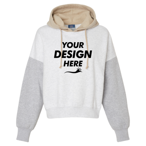MV Sport Women's Sueded Fleece Colorblocked Crop Hooded Sweatshirt, Heather, Front view, Mockup