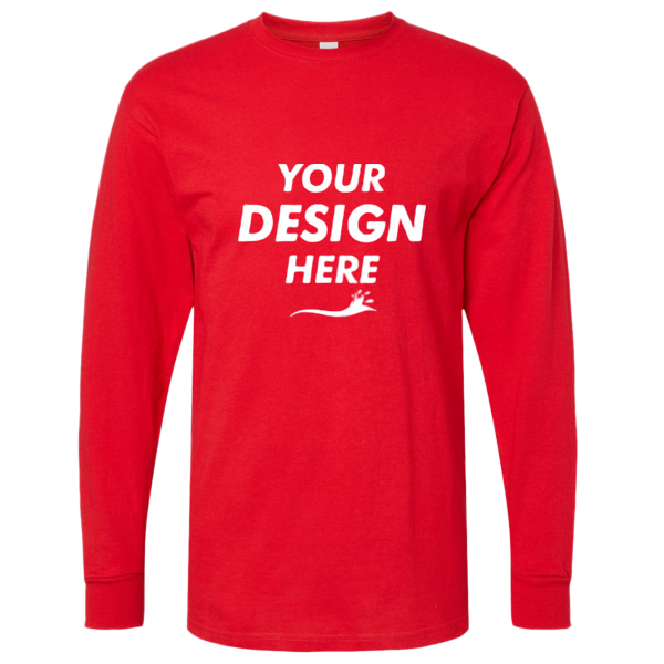 M&O Unisex Gold Soft Touch Long Sleeve T-Shirt, Deep Red, Front view, Mockup