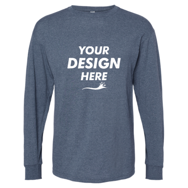 M&O Unisex Gold Soft Touch Long Sleeve T-Shirt, Heather Navy, Front view, Mockup