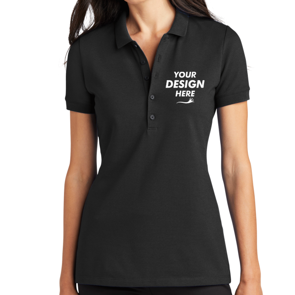 Mercer+Mettle Women's Stretch Heavyweight Pique Polo, Deep Black, Front view, Mockup