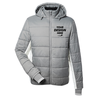 Nautica Men's l Mile Hooded Puffer Jacket, Graphite / Antique White, Front view, Mockup