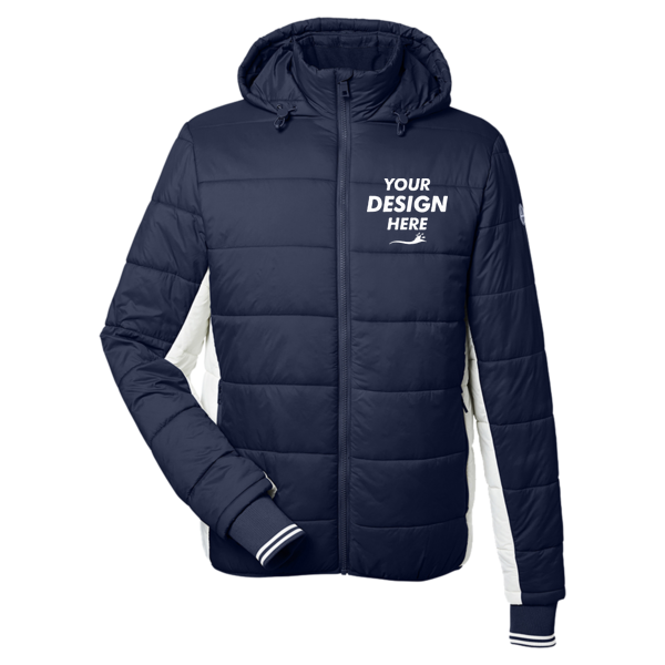 Nautica Men's l Mile Hooded Puffer Jacket, Navy / Antique White, Front view, Mockup