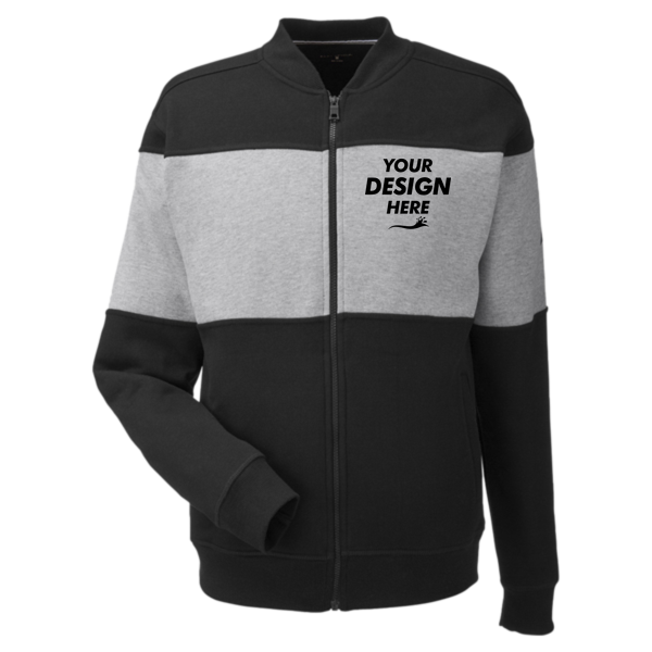 Nautica Unisex Anchor Fleece Colorblocked Bomber Jacket, Black / Oxford Heather, Front view, Mockup