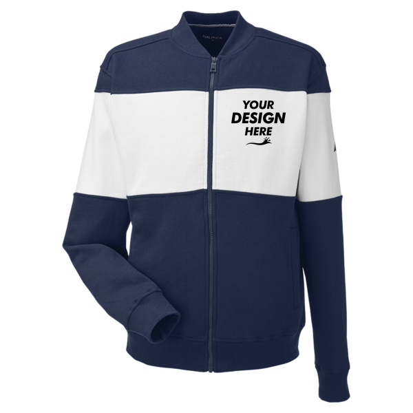 Nautica Unisex Anchor Fleece Colorblocked Bomber Jacket, Navy / White, Front view, Mockup