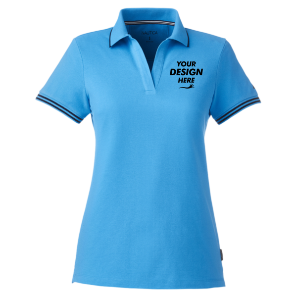 Nautica Women's Deck Polo, Azure Blue, Front view, Mockup