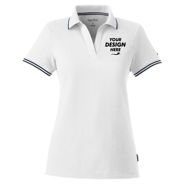 Nautica Women's Deck Polo, White, Front view, Mockup