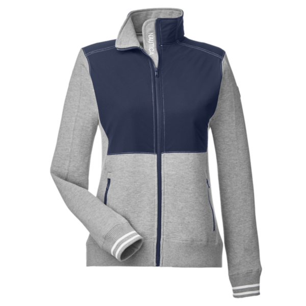 Nautica Women's Navigator Fleece Full-Zip Jacket, Oxford Heather / Navy, Front view