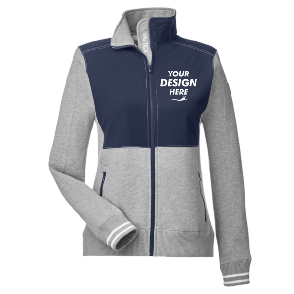 Nautica Women's Navigator Fleece Full-Zip Jacket, Oxford Heather / Navy, Front view, Mockup