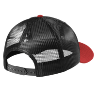 New Era Snapback Low Profile Trucker Cap, Black / Scarlet, Back view