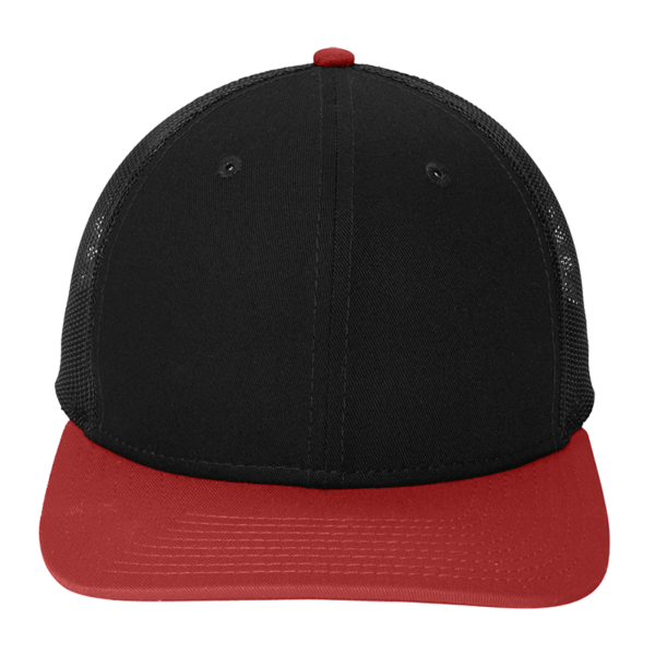 New Era Snapback Low Profile Trucker Cap, Black / Scarlet, Front view