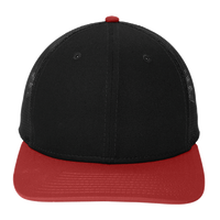 New Era Snapback Low Profile Trucker Cap, Black / Scarlet, Front view