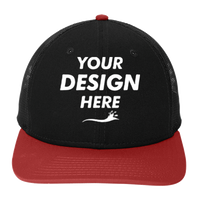 New Era Snapback Low Profile Trucker Cap, Black / Scarlet, Front view, Mockup