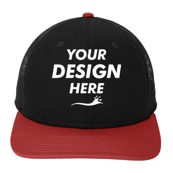 New Era Snapback Low Profile Trucker Cap, Black / Scarlet, Front view, Mockup