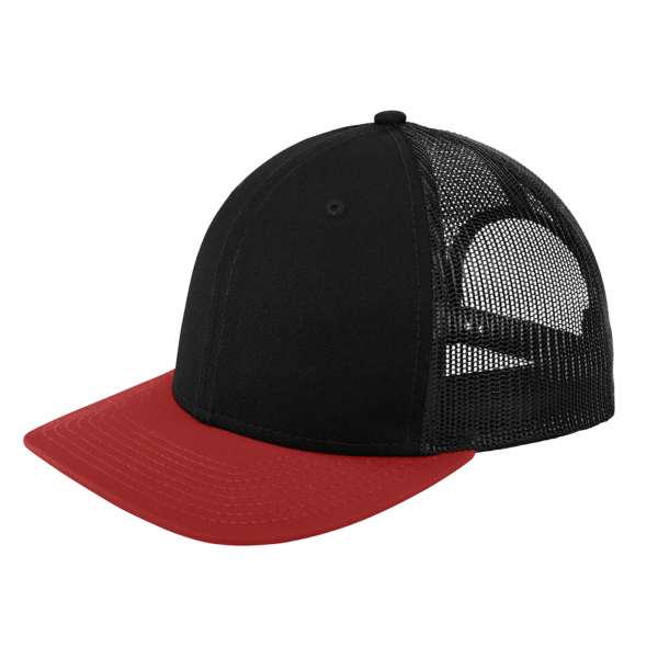 New Era Snapback Low Profile Trucker Cap, Black / Scarlet, Left Side view
