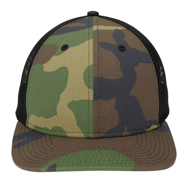 New Era Snapback Low Profile Trucker Cap, Camo / Black, Front view
