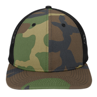 New Era Snapback Low Profile Trucker Cap, Camo / Black, Front view
