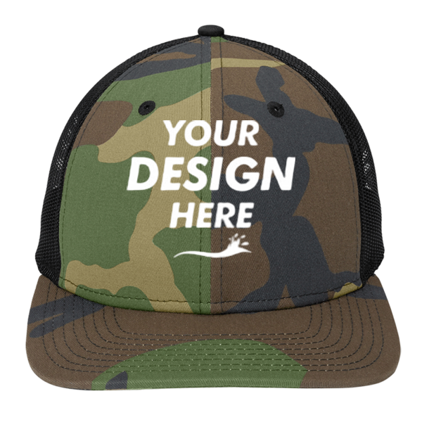 New Era Snapback Low Profile Trucker Cap, Camo / Black, Front view, Mockup