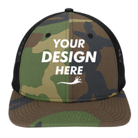 New Era Snapback Low Profile Trucker Cap, Camo / Black, Front view, Mockup