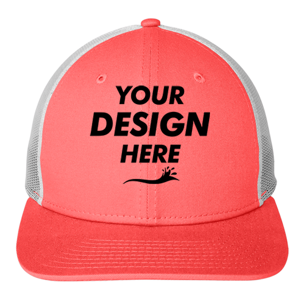 New Era Snapback Low Profile Trucker Cap, Coral / White, Front view, Mockup