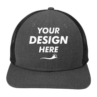 New Era Snapback Low Profile Trucker Cap, Heather Graphite / Black, Front view, Mockup