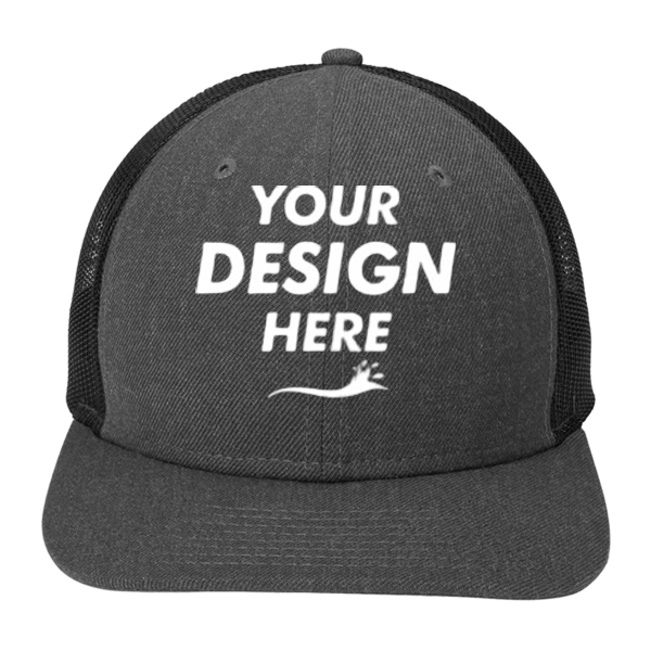 New Era Snapback Low Profile Trucker Cap, Heather Graphite / Black, Front view, Mockup