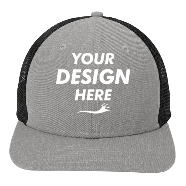 New Era Snapback Low Profile Trucker Cap, Heather Grey / Black, Front view, Mockup