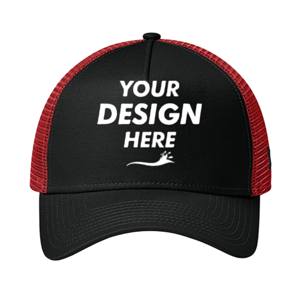 New Era Snapback Trucker Cap, Flag Black / Scarlet, Front view, Mockup