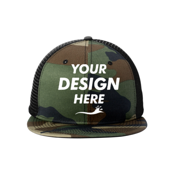 New Era Standard Fit Snapback Trucker Cap, Camo / Black, Front view, Mockup