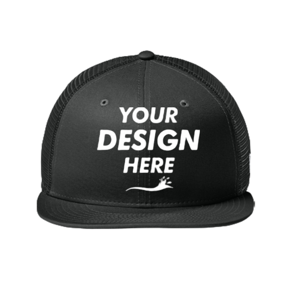 New Era Standard Fit Snapback Trucker Cap, Flag Black / Black, Front view, Mockup
