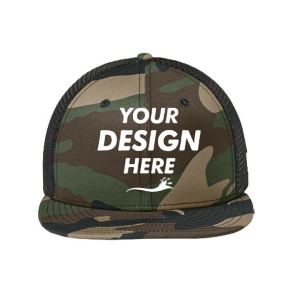 New Era Standard Fit Snapback Trucker Cap, Flag Camo / Black, Front view, Mockup