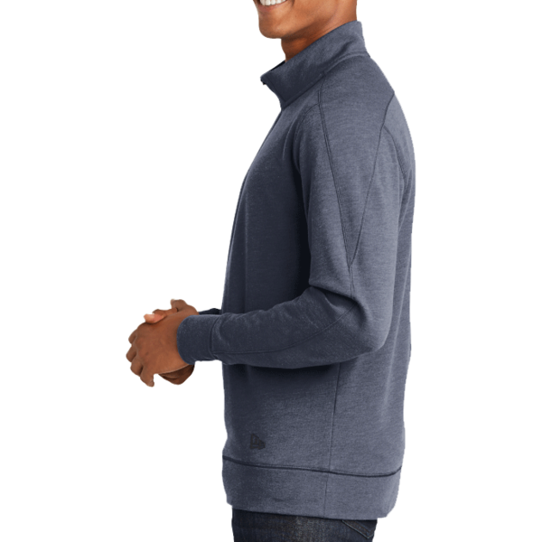 New Era Tri Blend Fleece 1/4 Zip Pullover, True Navy Heather, Left Sleeve view