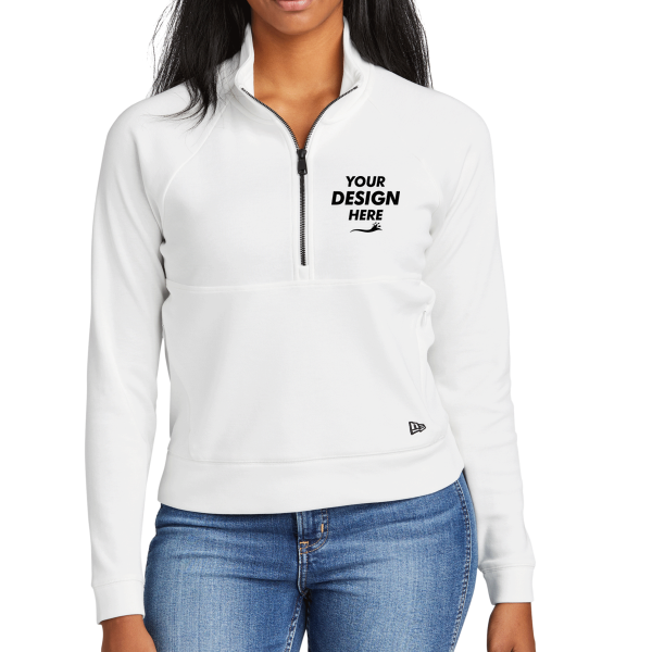 New Era Women's STS 1/2 Zip, Fan White, Front view, Mockup