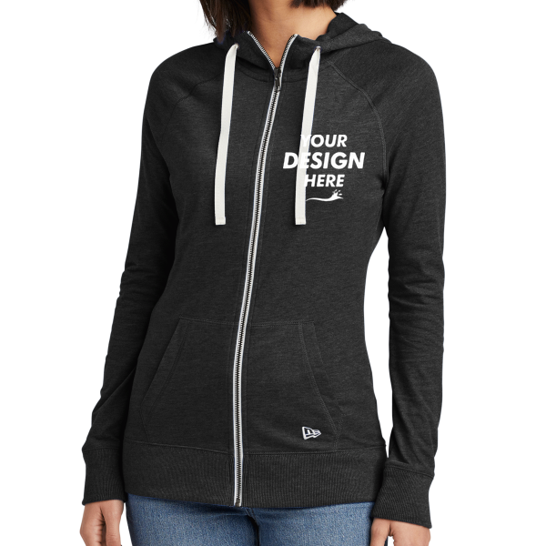 New Era Women's Sueded Cotton Blend Full Zip Hoodie, Black Heather, Front view, Mockup