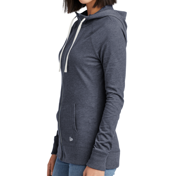 New Era Women's Sueded Cotton Blend Full Zip Hoodie, True Navy Heather, Left Sleeve view