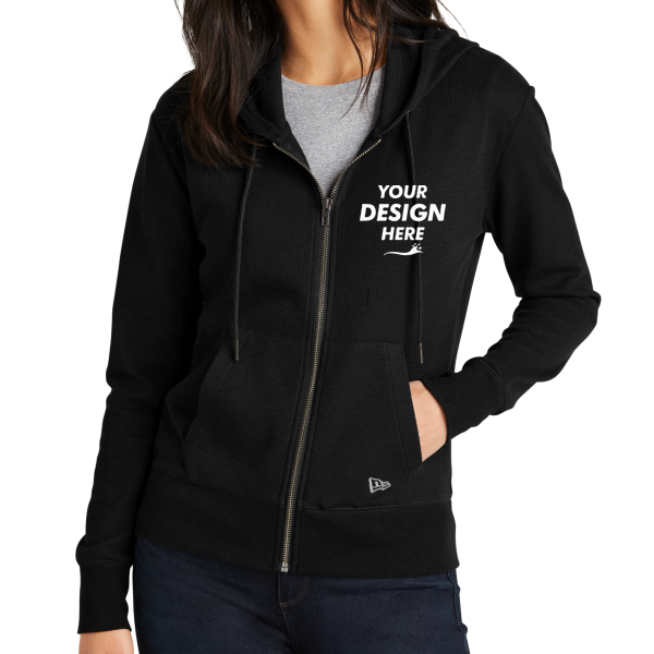 New Era Women's Thermal Full Zip Hoodie, Black, Front view, Mockup