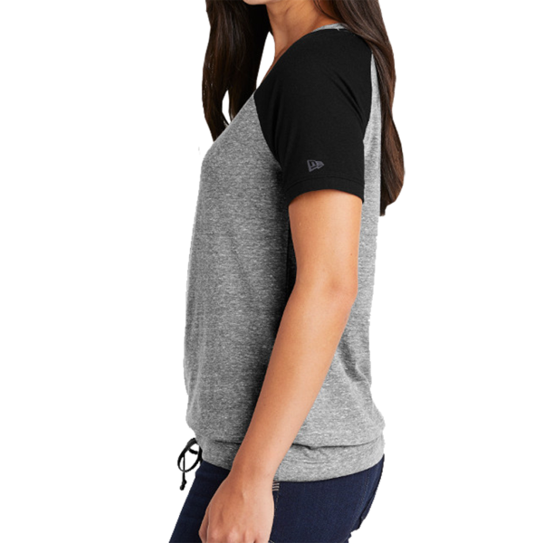 New Era Women's Tri Blend Performance Cinch Tee, Shadow Grey / Black, Left Sleeve view