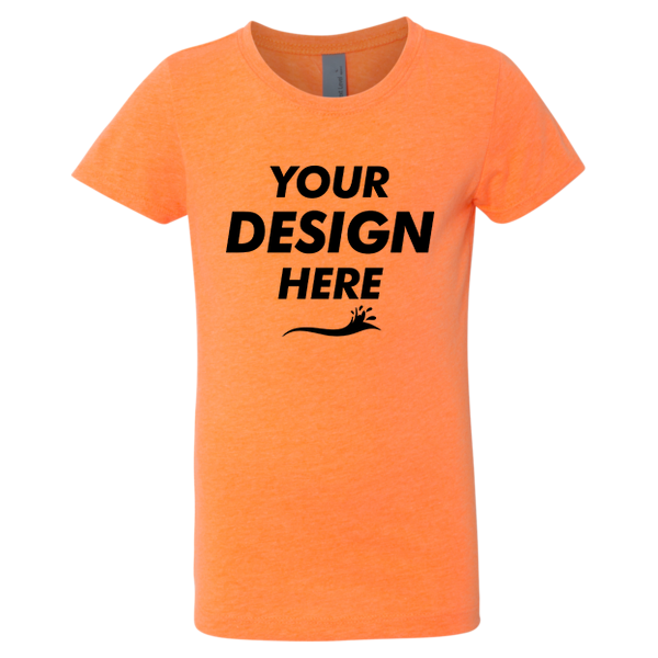 Next Level Apparel Girls’ CVC Princess T-Shirt, Neon Heather Orange, Front view, Mockup