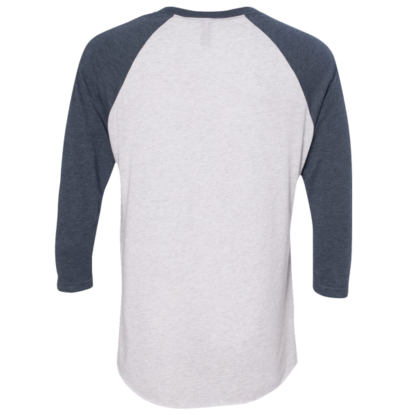 Next Level Apparel Unisex Triblend Three-Quarter Raglan T-Shirt, Indigo Sleeves / Heather White Body, Back view