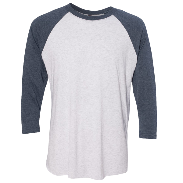 Next Level Apparel Unisex Triblend Three-Quarter Raglan T-Shirt, Indigo Sleeves / Heather White Body, Front view