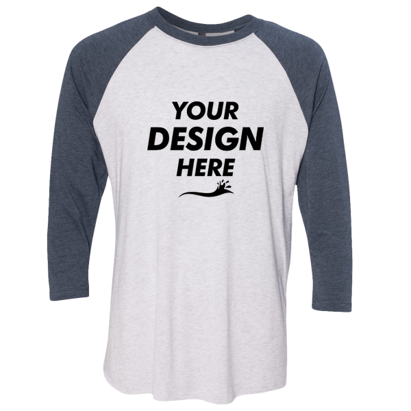 Next Level Apparel Unisex Triblend Three-Quarter Raglan T-Shirt, Indigo Sleeves / Heather White Body, Front view, Mockup