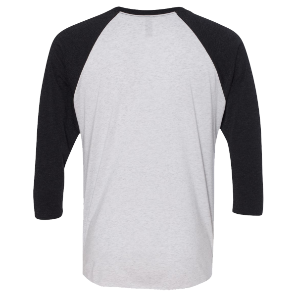 Next Level Apparel Unisex Triblend Three-Quarter Raglan T-Shirt, Vintage Black Sleeves / Heather White Body, Back view