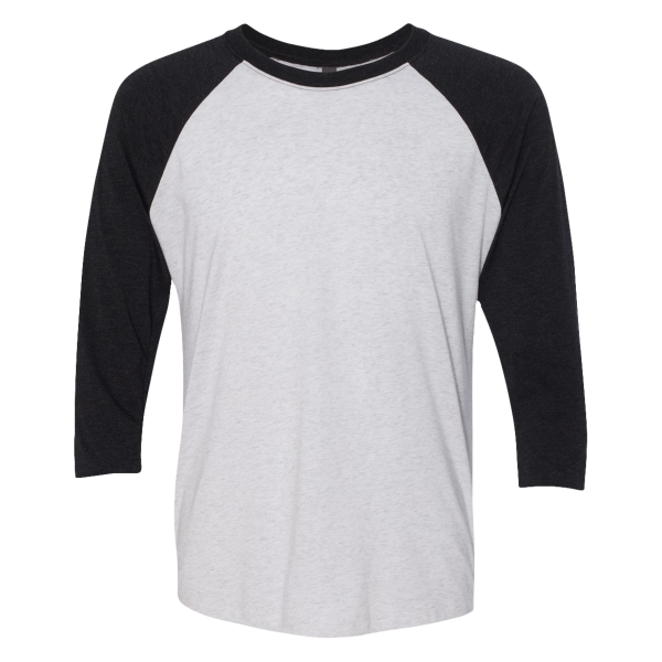Next Level Apparel Unisex Triblend Three-Quarter Raglan T-Shirt, Vintage Black Sleeves / Heather White Body, Front view