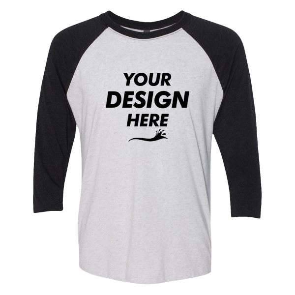 Next Level Apparel Unisex Triblend Three-Quarter Raglan T-Shirt, Vintage Black Sleeves / Heather White Body, Front view, Mockup