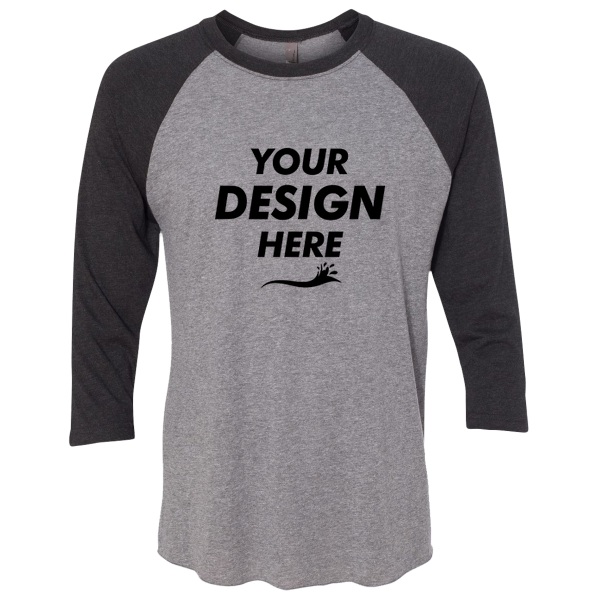 Next Level Apparel Unisex Triblend Three-Quarter Raglan T-Shirt, Vintage Black Sleeves / Premium Heather Body, Front view, Mockup