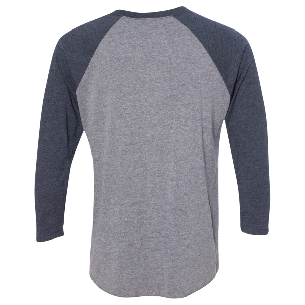 Next Level Apparel Unisex Triblend Three-Quarter Raglan T-Shirt, Vintage Navy Sleeves / Premium Heather Body, Back view