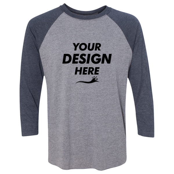 Next Level Apparel Unisex Triblend Three-Quarter Raglan T-Shirt, Vintage Navy Sleeves / Premium Heather Body, Front view, Mockup
