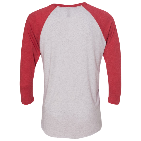 Next Level Apparel Unisex Triblend Three-Quarter Raglan T-Shirt, Vintage Red Sleeves / Heather White Body, Back view