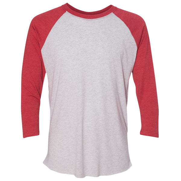Next Level Apparel Unisex Triblend Three-Quarter Raglan T-Shirt, Vintage Red Sleeves / Heather White Body, Front view