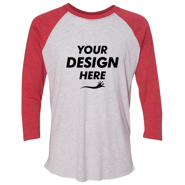 Next Level Apparel Unisex Triblend Three-Quarter Raglan T-Shirt, Vintage Red Sleeves / Heather White Body, Front view, Mockup