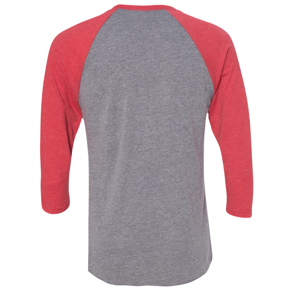 Next Level Apparel Unisex Triblend Three-Quarter Raglan T-Shirt, Vintage Red Sleeves / Premium Heather Body, Back view